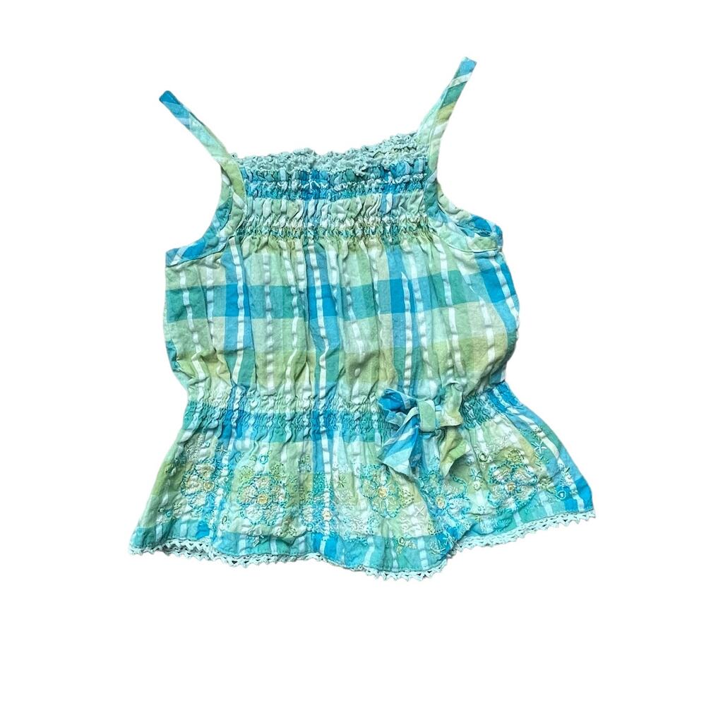 Baby Girls 18 Months Blue Green Smocked Spaghetti Strap Flare Embroidered Blouse